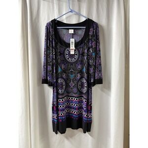 Tiana B NWT Women XL Black Purple Blue Medallion Print 3/4 Sleeve Dress